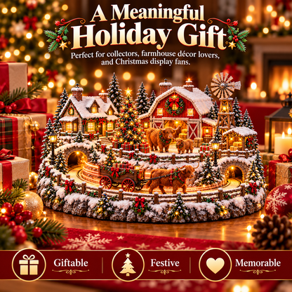 Highland Cow Christmas Farm Village Animated Holiday Scene
