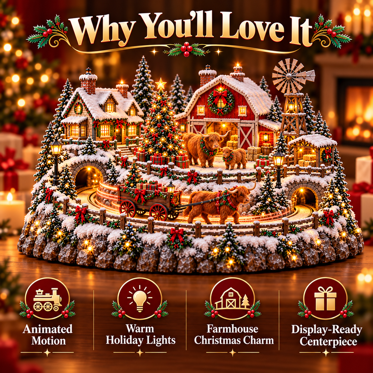 Highland Cow Christmas Farm Village Animated Holiday Scene