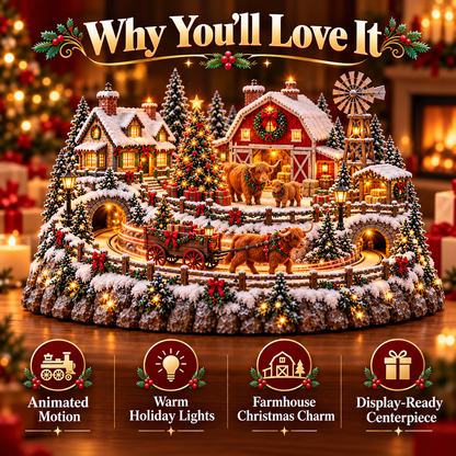 Highland Cow Christmas Farm Village Animated Holiday Scene