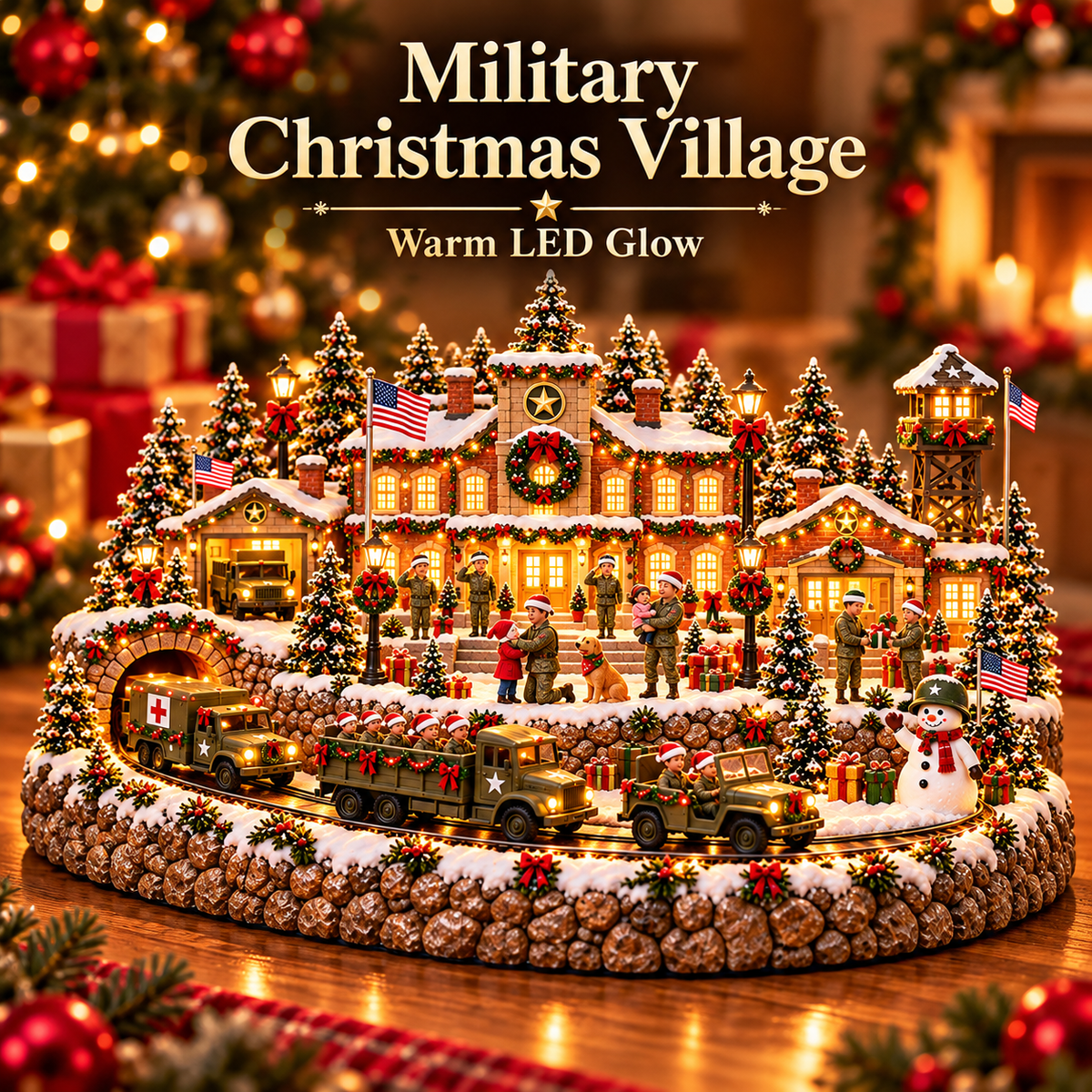 Home for the Holidays Military Christmas Village Warm LED Lights, Army-Inspired Vehicles & Heartwarming Holiday Display