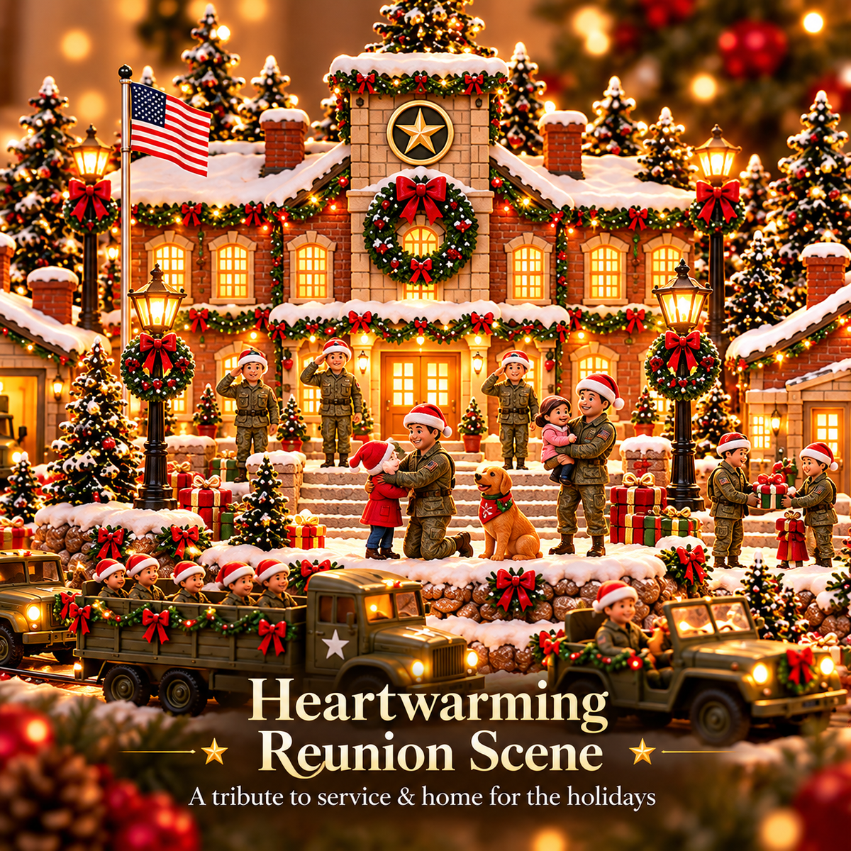 Home for the Holidays Military Christmas Village Warm LED Lights, Army-Inspired Vehicles & Heartwarming Holiday Display