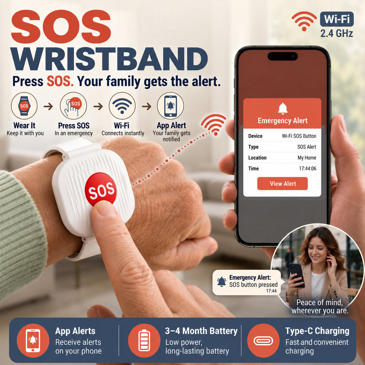 Emergency Bracelet with SOS Button for Seniors