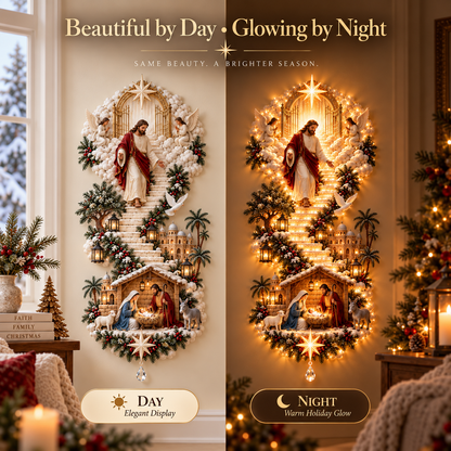 Jesus Light of Heaven Christmas Wall Hanging | Illuminated Nativity Stairway Decor