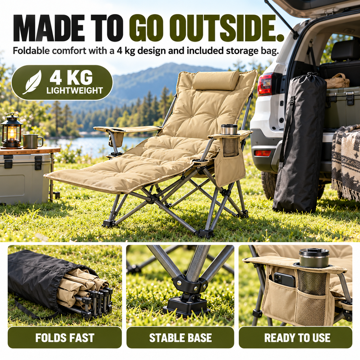 4-Position Reclining Camping Chair with Removable Footrest Stretch Out in Comfort