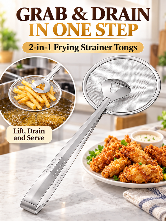 Kitchen 2-in-1 Frying Strainer Tongs Stainless Steel Skimmer for Easy Oil Draining & Serving