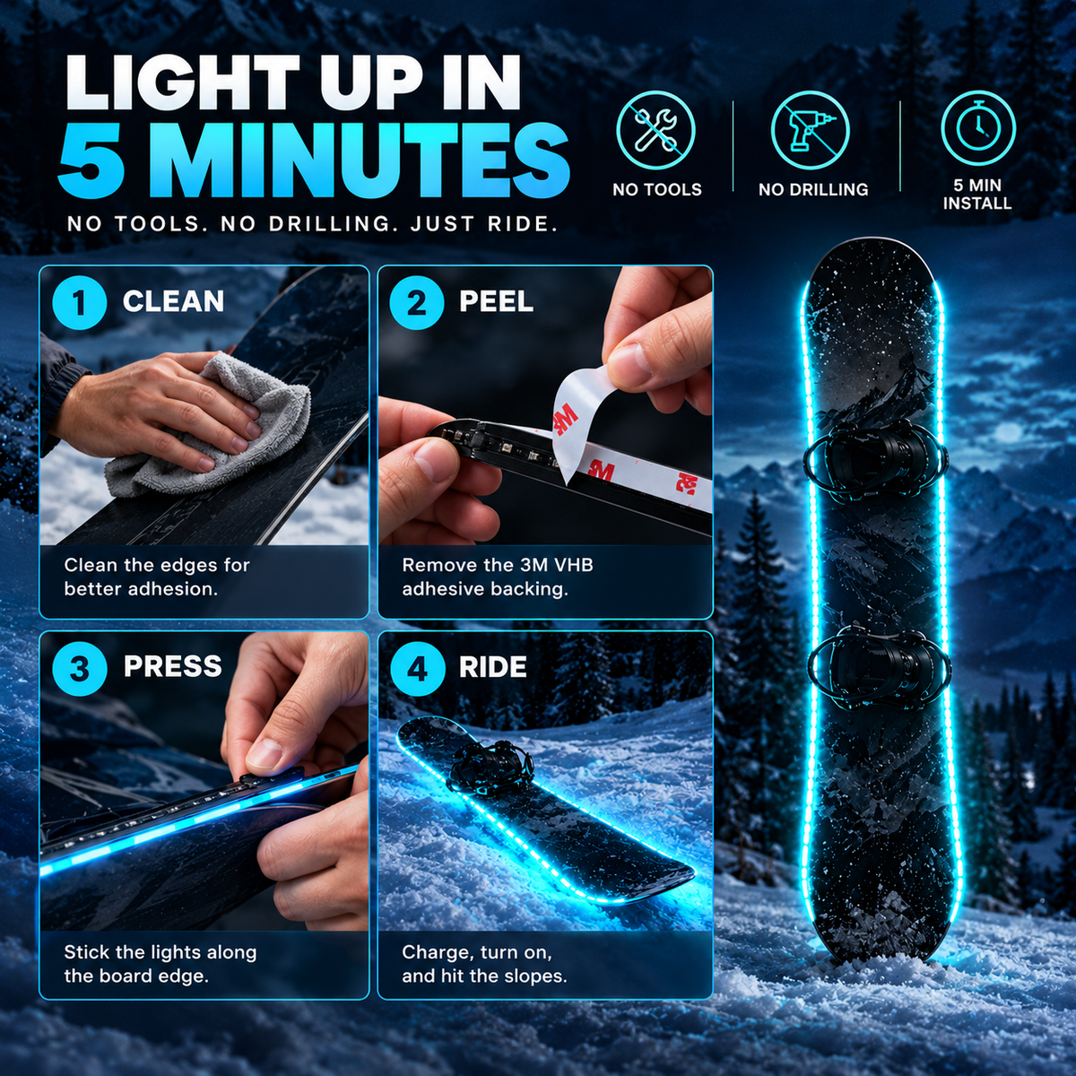 LED Snowboard Light System | 7 Colors, IP68 Waterproof, 5-Min Install