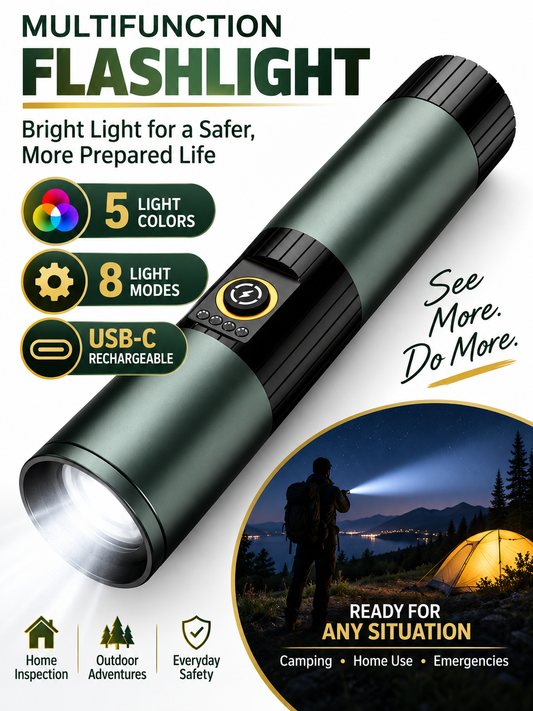 Outdoor Gear 5-Color Rechargeable Flashlight High-Lumen LED Torch with UV, Strobe & Magnetic Base