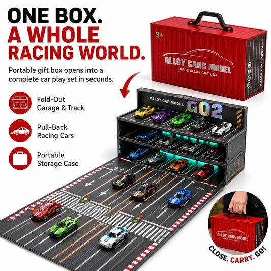 24/48-Car Fold-Out Racing Garage Set Pull-Back Cars, Light-Up Parking & Portable Track!