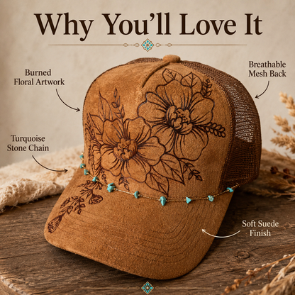 Flower Patch Burned Suede Trucker Hat with Dainty Turquoise Stone Chain