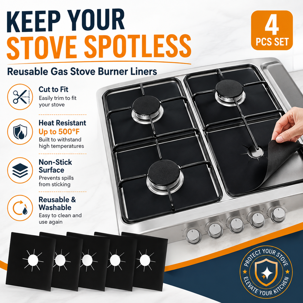 Reusable Gas Stove Burner Liners Cut-to-Fit Stove Protector Mats