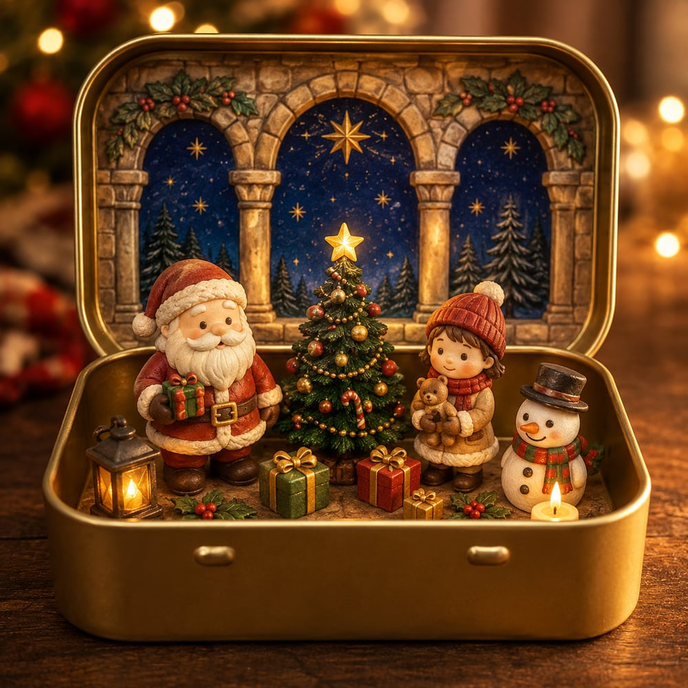 Tiny Christmas Wonderland in a Tin Miniature Holiday Village Keepsake & Christmas Gift