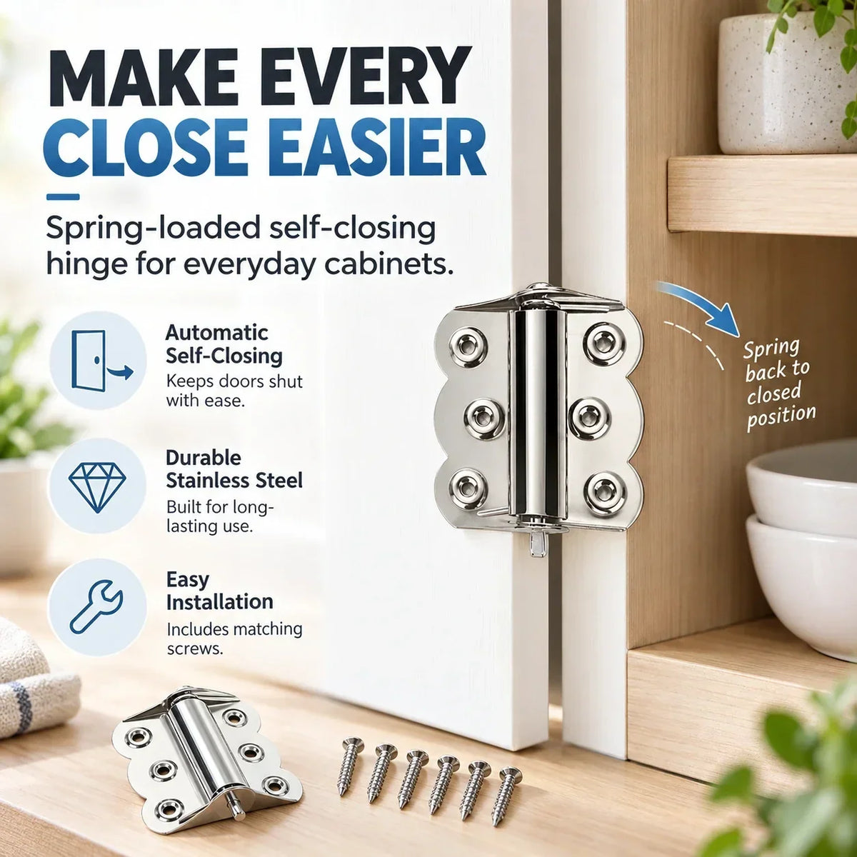 Self-Closing Spring Cabinet Hinges for Doors | 4/6 PCS