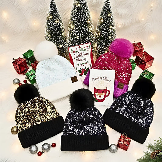 Sequin Fur Pom Beanie for Women