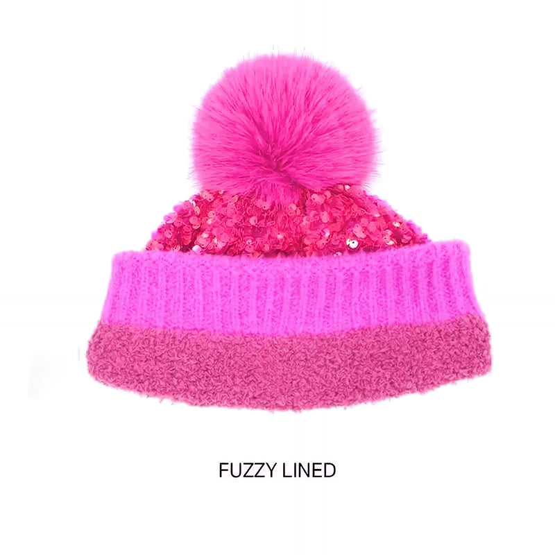 Sequin Fur Pom Beanie for Women