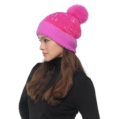 Sequin Fur Pom Beanie for Women