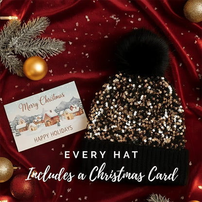 Sequin Fur Pom Beanie for Women