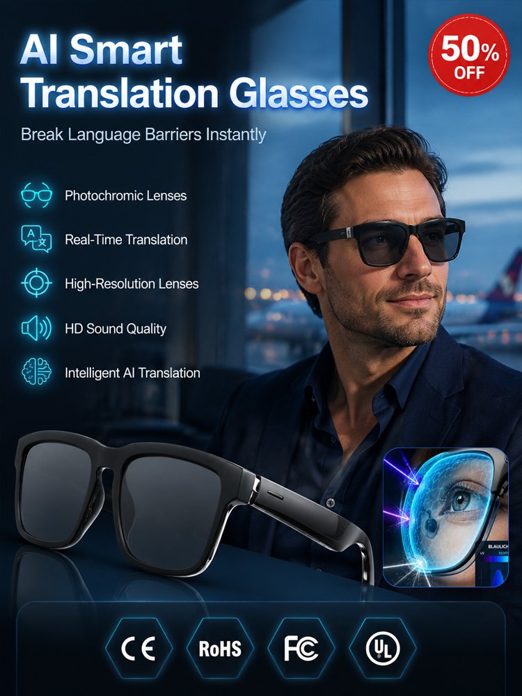 AI Smart Bluetooth Glasses Translation, Music & Blue-Light Protection