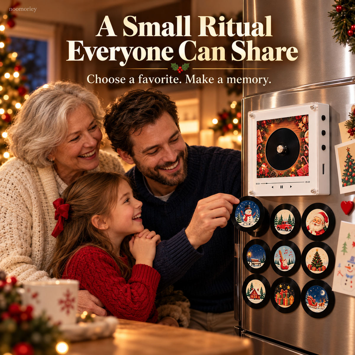 Christmas Magnetic Music Player with 9 Mini Records Retro Holiday Decor & Gift Set