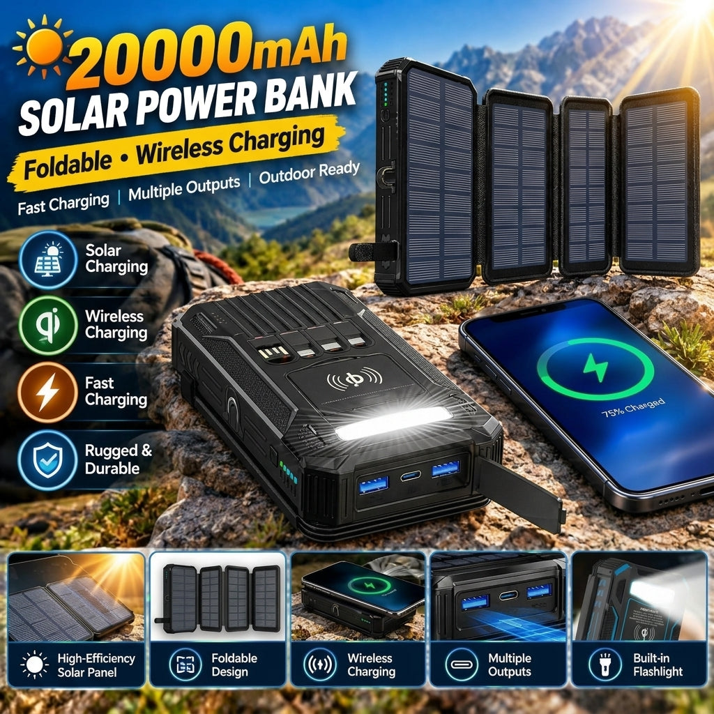 Half-Price! 20,000mAh Solar Power Bank - Features Wireless Charging And LED Flashlight