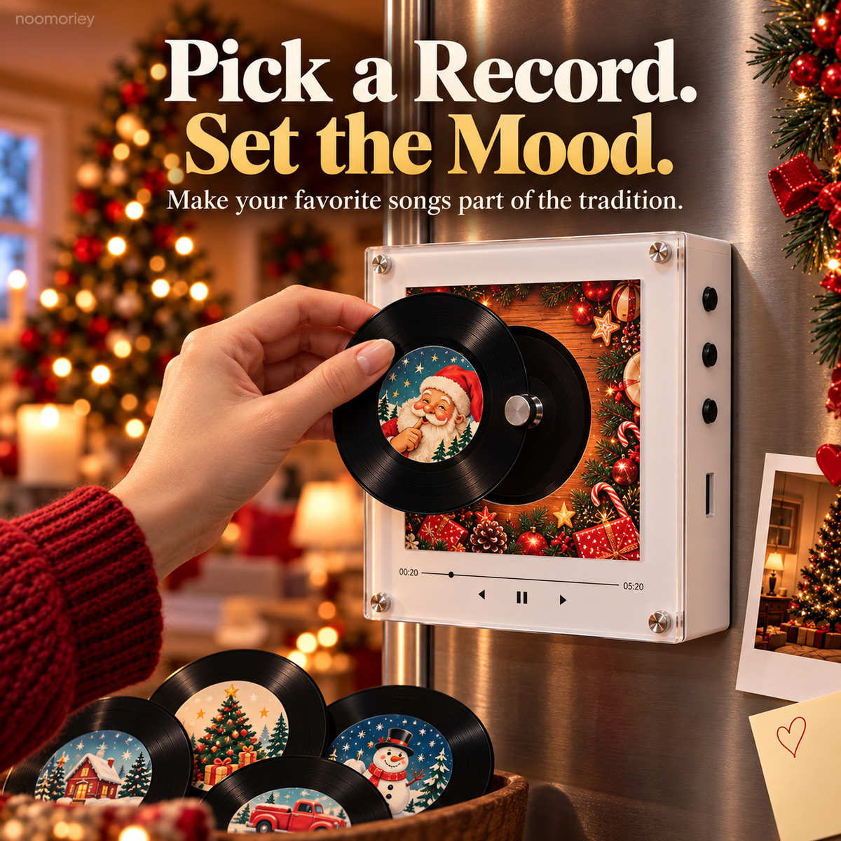 Christmas Magnetic Music Player with 9 Mini Records Retro Holiday Decor & Gift Set