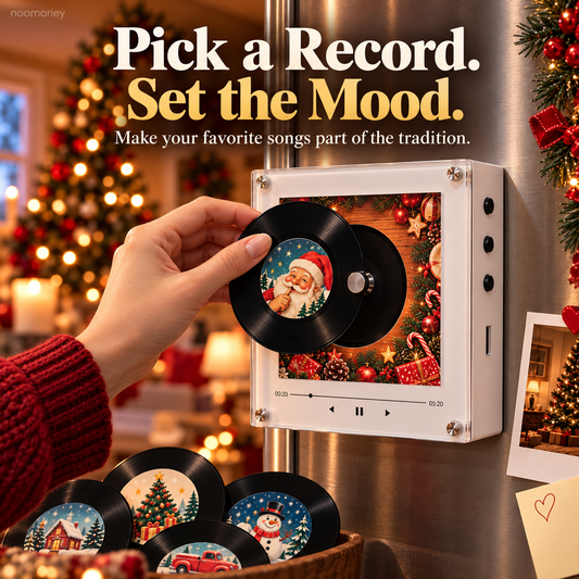 Christmas Magnetic Music Player with 9 Mini Records Retro Holiday Decor & Gift Set
