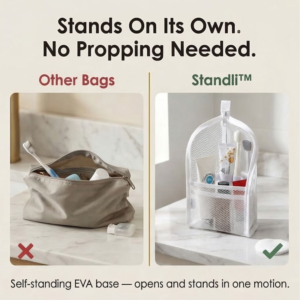 Self-Standing Travel Toiletry Pouch Compact Organizer for Travel & Daily Essentials