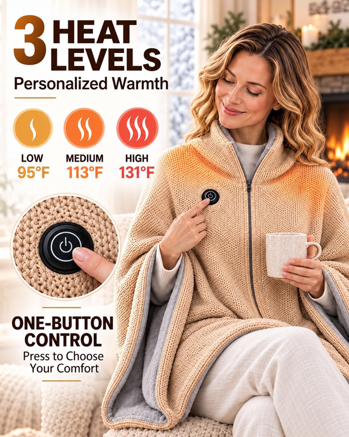 2027 Heated Shawl Wrap for Women USB Cordless Wearable Blanket with 3 Heat Settings, Fast Heating, Zipper & Pockets