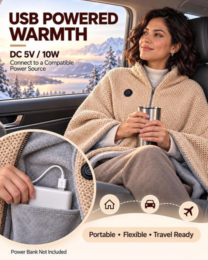 2027 Heated Shawl Wrap for Women USB Cordless Wearable Blanket with 3 Heat Settings, Fast Heating, Zipper & Pockets