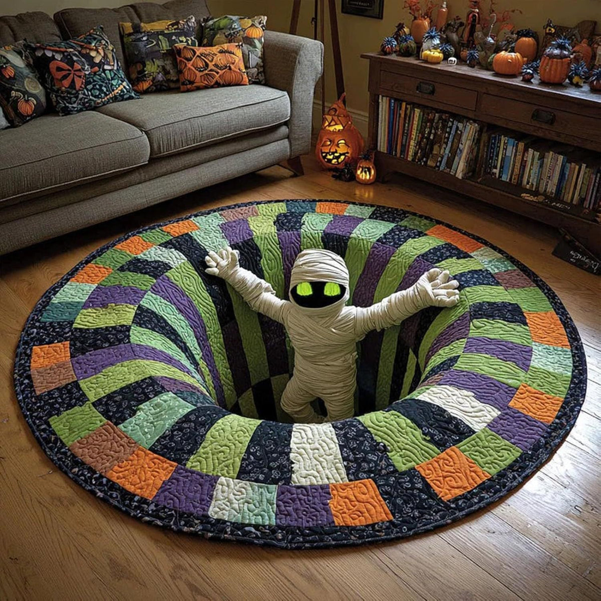 Halloween 3D Bottomless Illusion Rug Skeleton Pit Non-Slip Crystal Velvet Mat