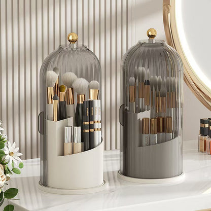 360° Rotating Makeup Brush Organizer – Clear Acrylic Cosmetic Storage Holder with Dust-Proof Lid