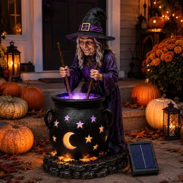 Halloween Witch Glowing Cauldron Solar Light Spooky LED Outdoor Garden Decoration for Yard & Patio