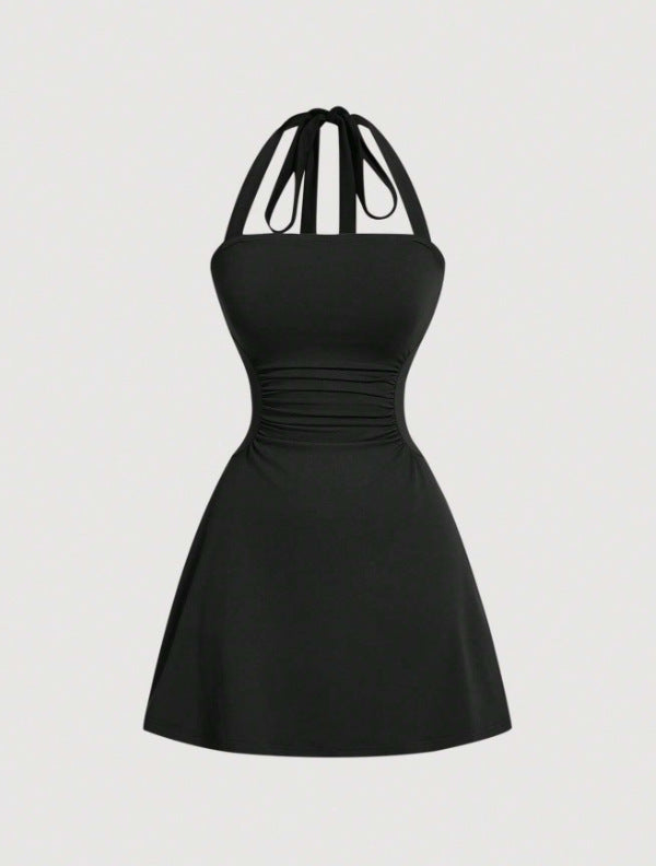 Women's Plain Ruched Tie Back Halter Neck Dress