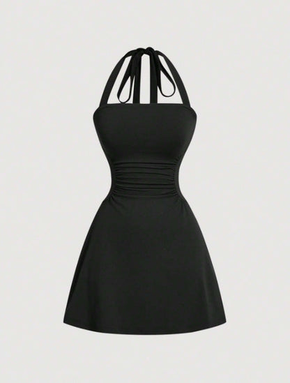 Women's Plain Ruched Tie Back Halter Neck Dress