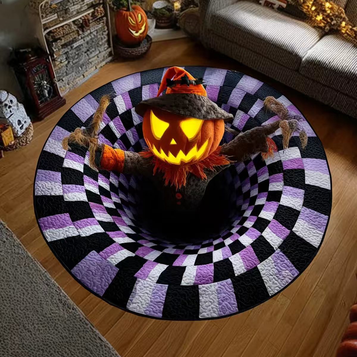Halloween 3D Bottomless Illusion Rug Skeleton Pit Non-Slip Crystal Velvet Mat
