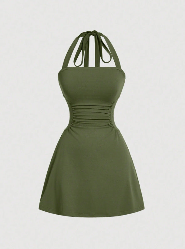 Women's Plain Ruched Tie Back Halter Neck Dress