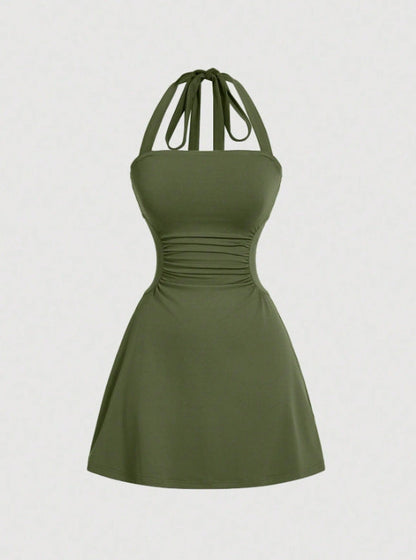 Women's Plain Ruched Tie Back Halter Neck Dress