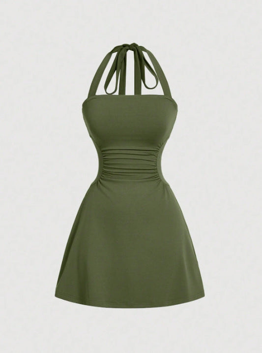 Women's Plain Ruched Tie Back Halter Neck Dress