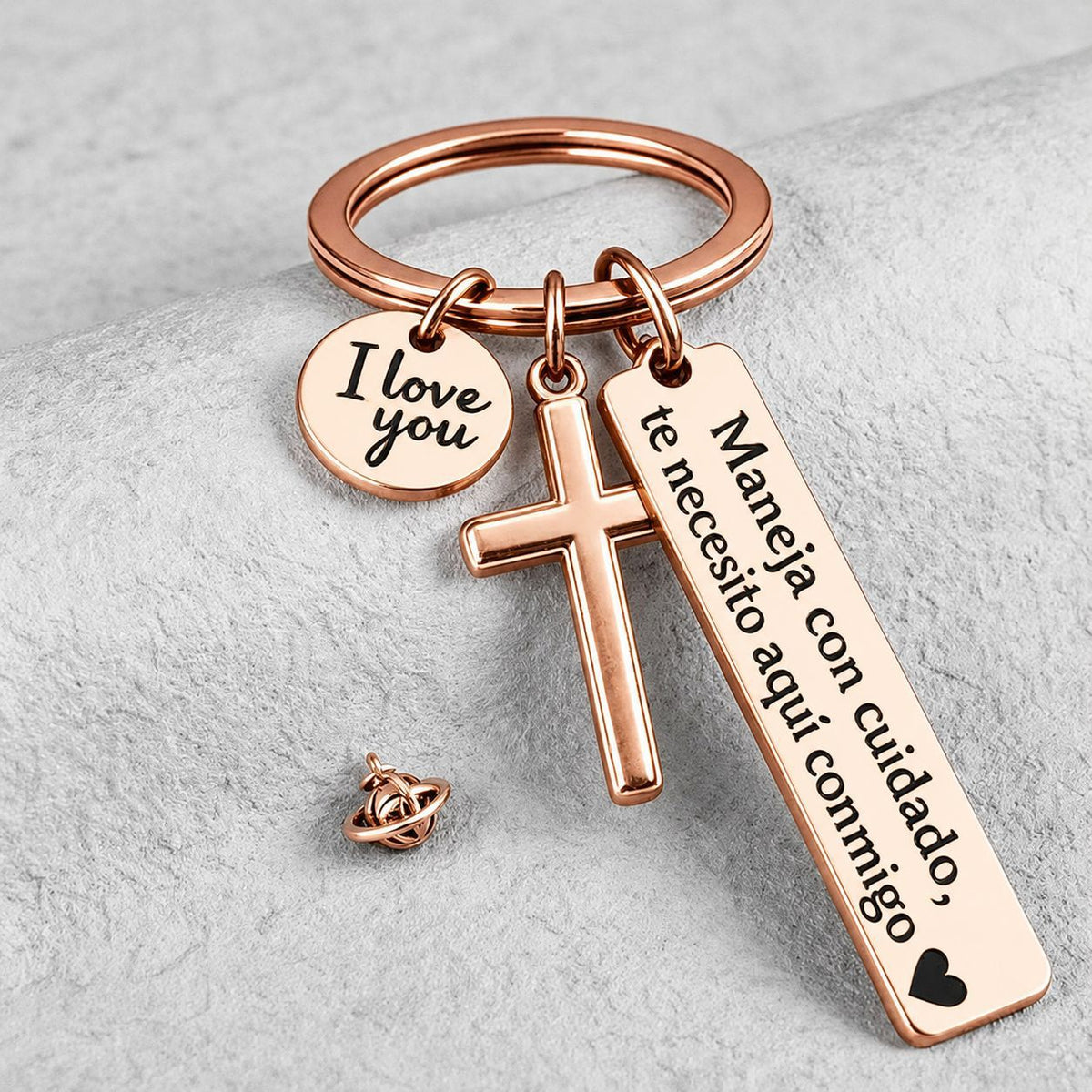Maneja Con Cuidado Te Necesito Aqu Conmigo Keychain with Cross & "I Love You" Charm