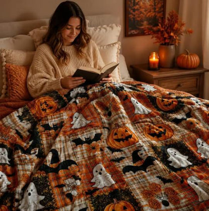 Halloween Pumpkin Ghost Blanket Cozy Spooky Throw for Fall Movie Nights, Sofa & Bed