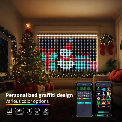 Smart RGB Pixel Curtain Lights App-Controlled Animated Holiday Display for Balcony & Window Decor-2m 2m