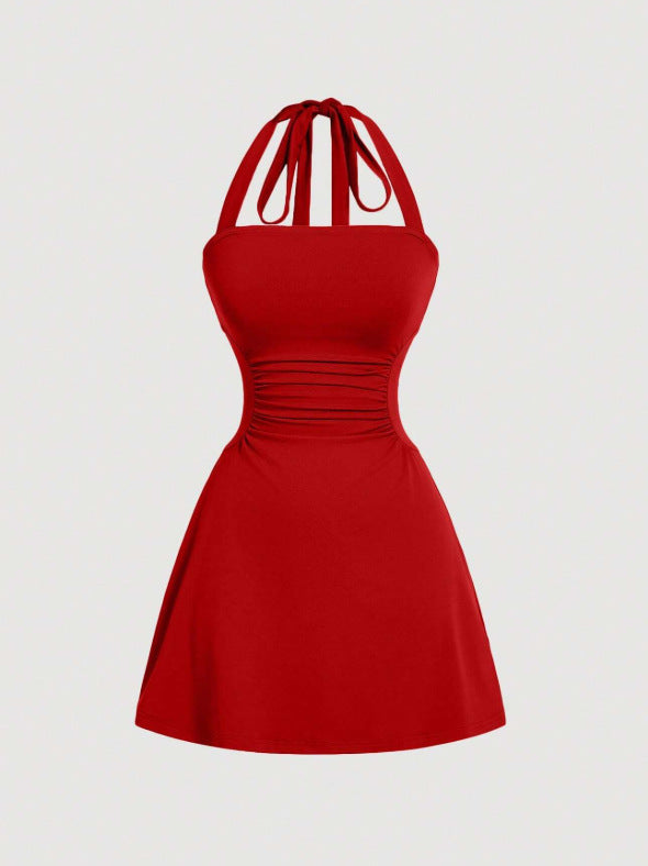 Women's Plain Ruched Tie Back Halter Neck Dress