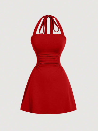 Women's Plain Ruched Tie Back Halter Neck Dress