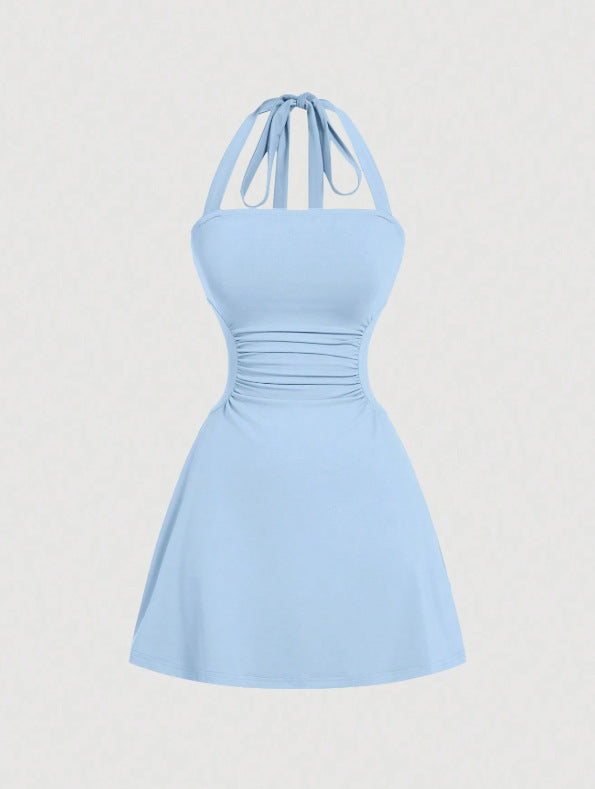 Women's Plain Ruched Tie Back Halter Neck Dress