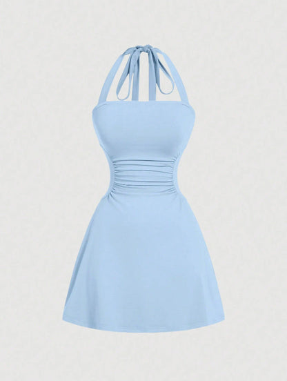 Women's Plain Ruched Tie Back Halter Neck Dress