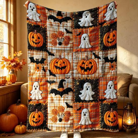 Halloween Pumpkin Ghost Blanket Cozy Spooky Throw for Fall Movie Nights, Sofa & Bed