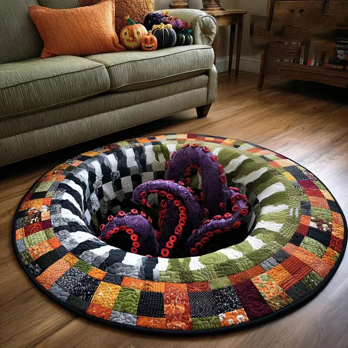 Halloween 3D Bottomless Illusion Rug Skeleton Pit Non-Slip Crystal Velvet Mat