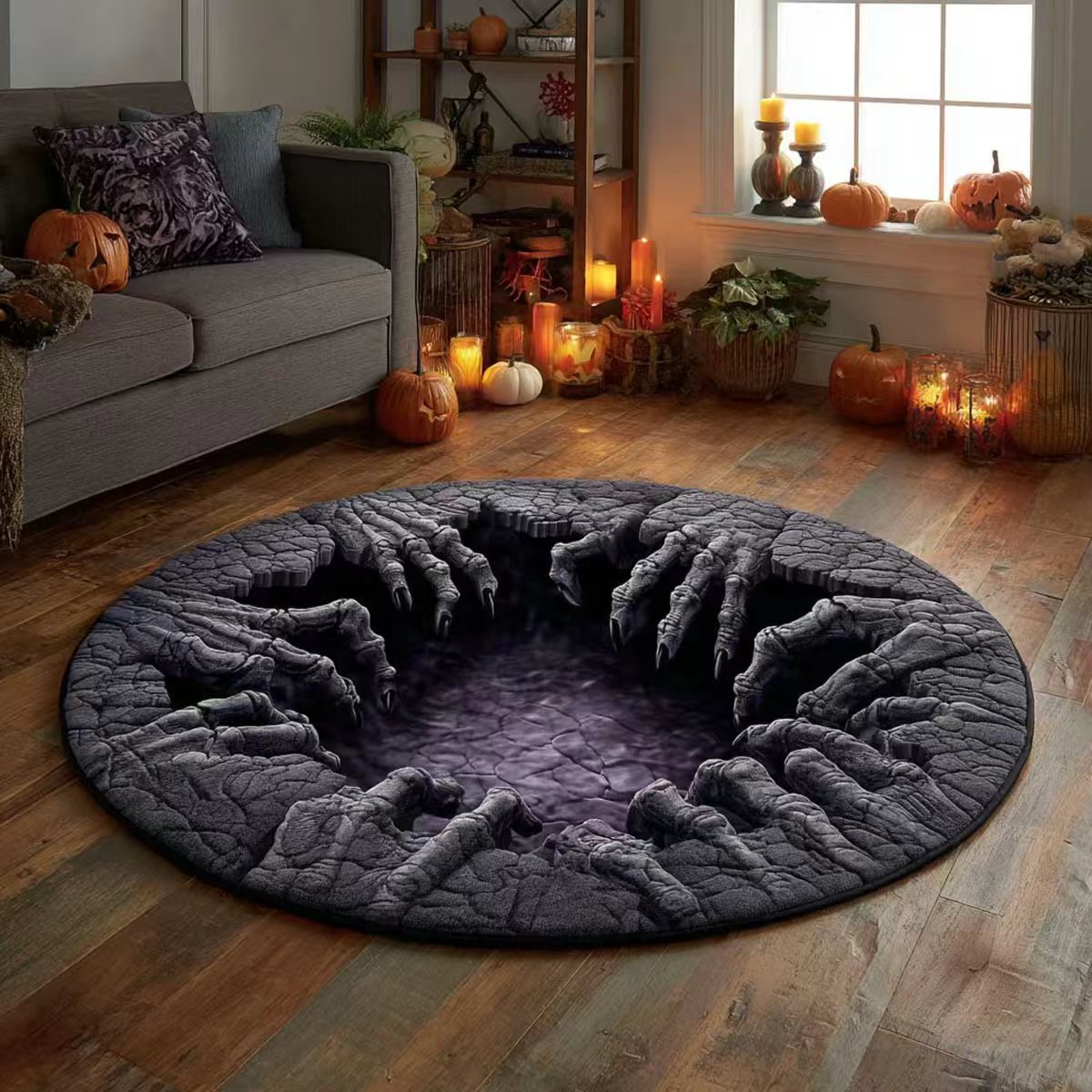 Halloween 3D Bottomless Illusion Rug Skeleton Pit Non-Slip Crystal Velvet Mat