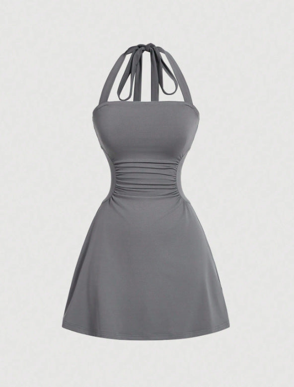 Women's Plain Ruched Tie Back Halter Neck Dress