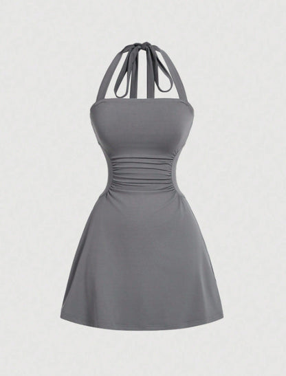 Women's Plain Ruched Tie Back Halter Neck Dress