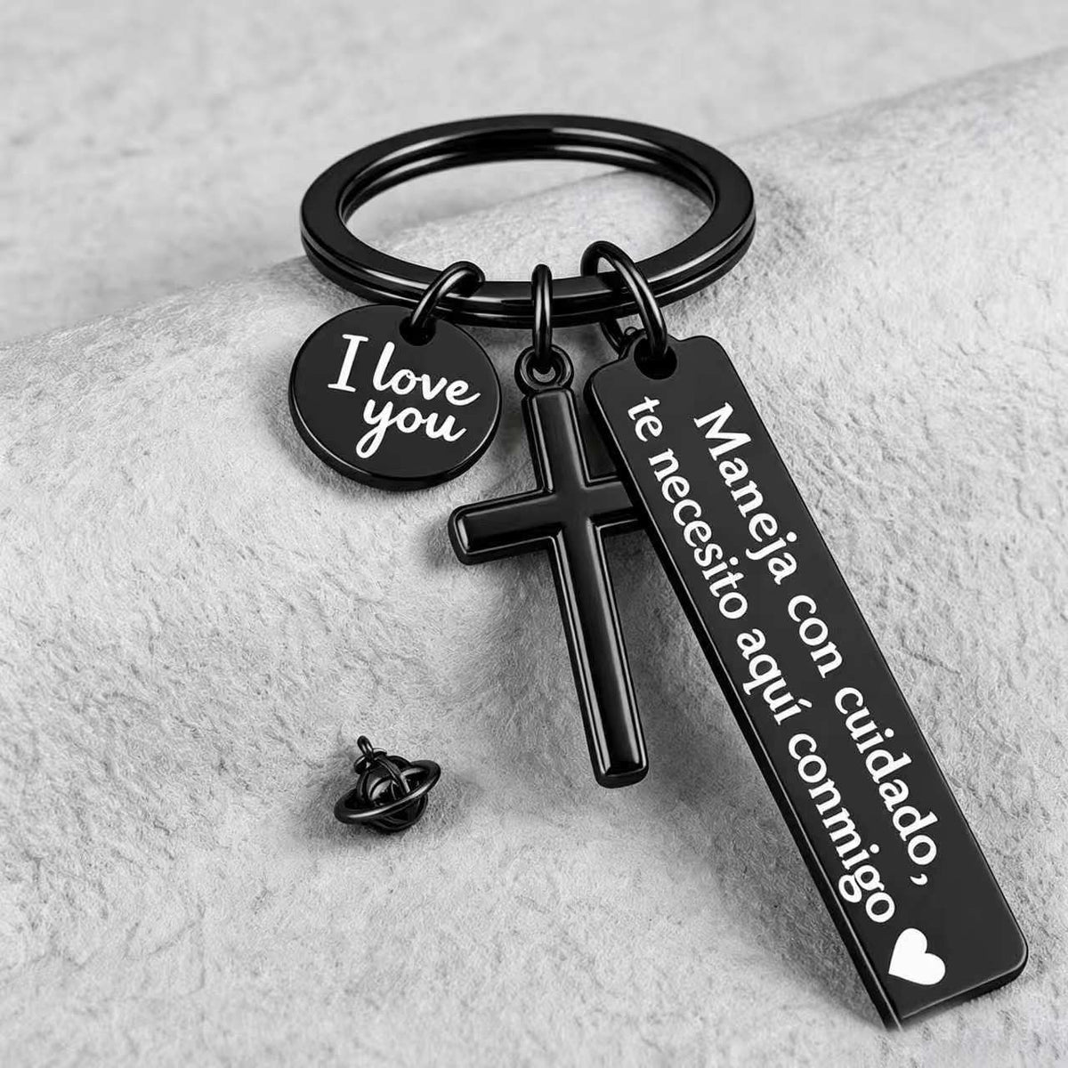 Maneja Con Cuidado Te Necesito Aqu Conmigo Keychain with Cross & "I Love You" Charm